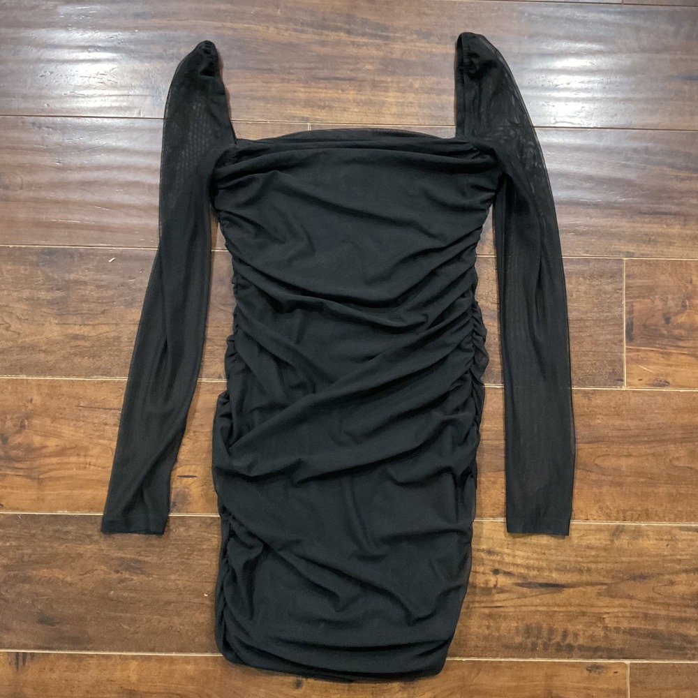 Princess Polly Black Ruched Mesh Long Sleeve Mini Dress Square Neck Bodycon